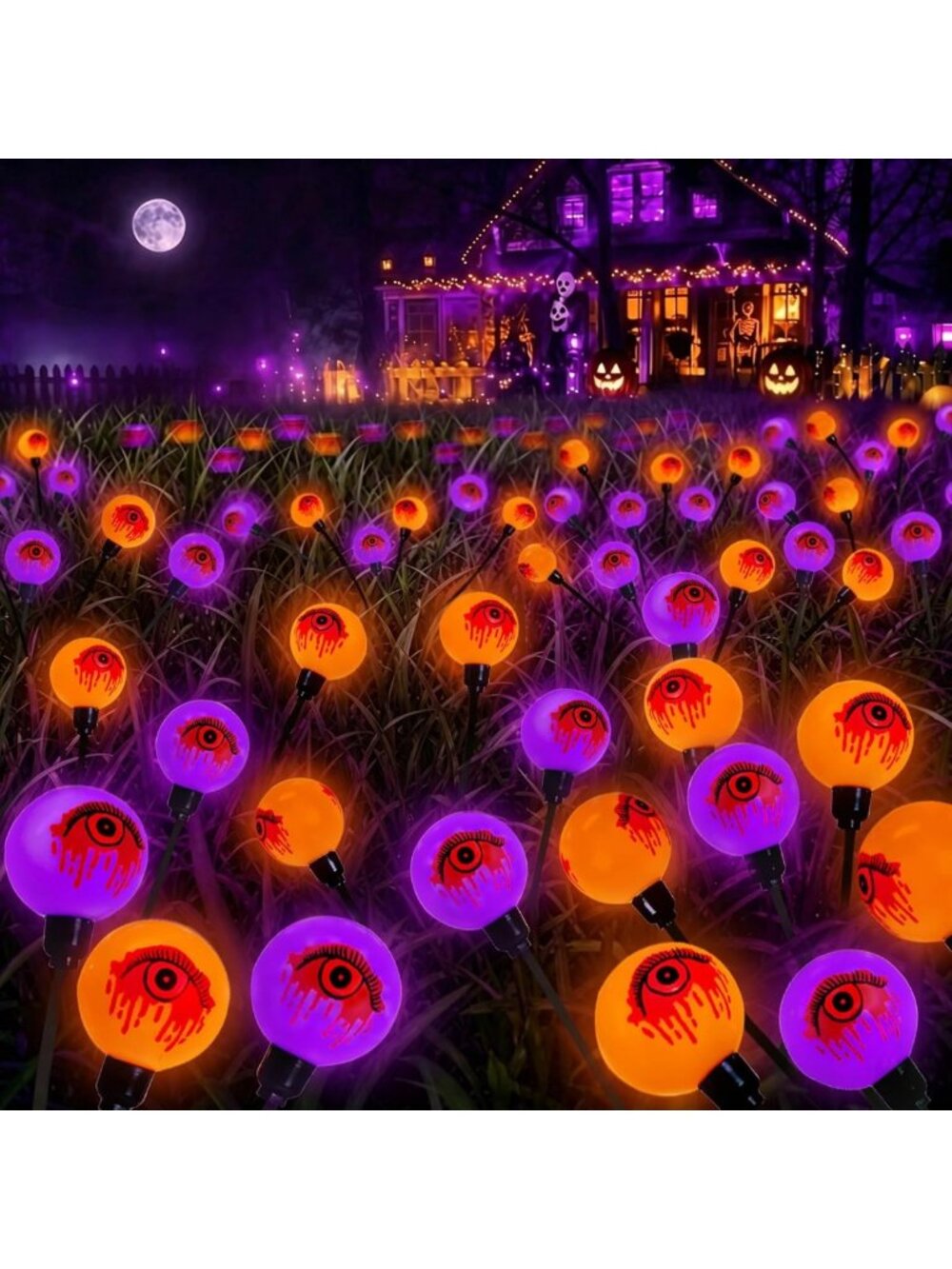 Spooky Solar Halloween Eyeball Lights - 6 Pack Outdoor Decor in Orange & Purple